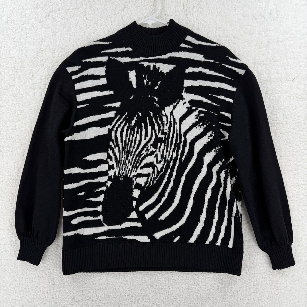 Vintage St John Collection Sweater Womens Petite P Black Zebra Mock Neck 90s
